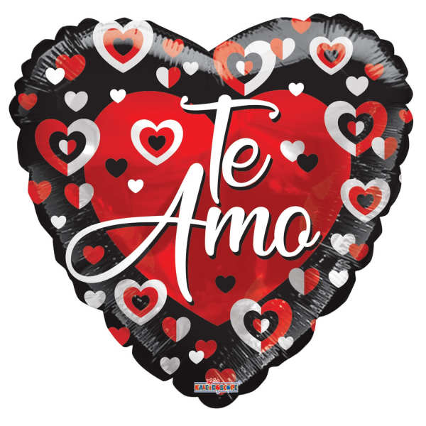 Heart-shaped balloon with red and black hearts and the words "Te Amo"
