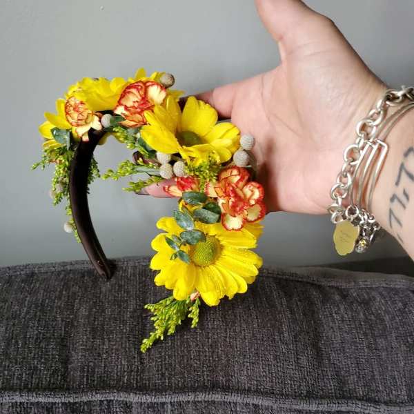 Yellow floral headband with daisies and carnations