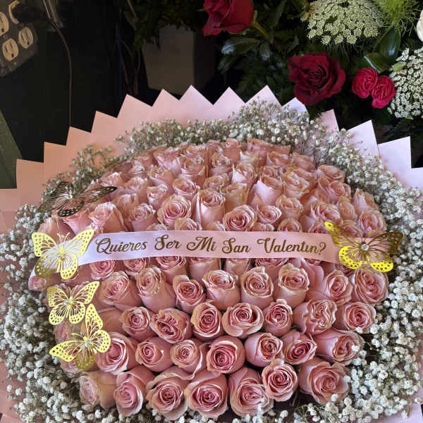 100 Pink Rose Buchon With Babys Breath Rim