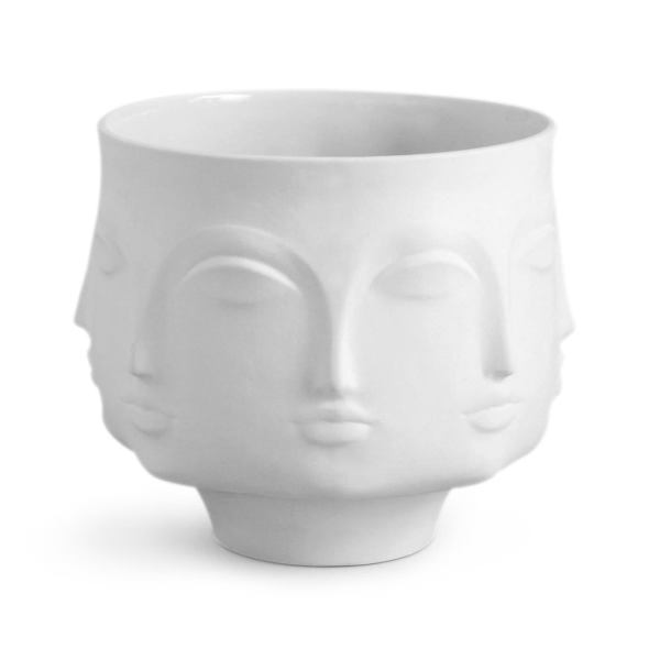 White ceramic planter with sculpted face details