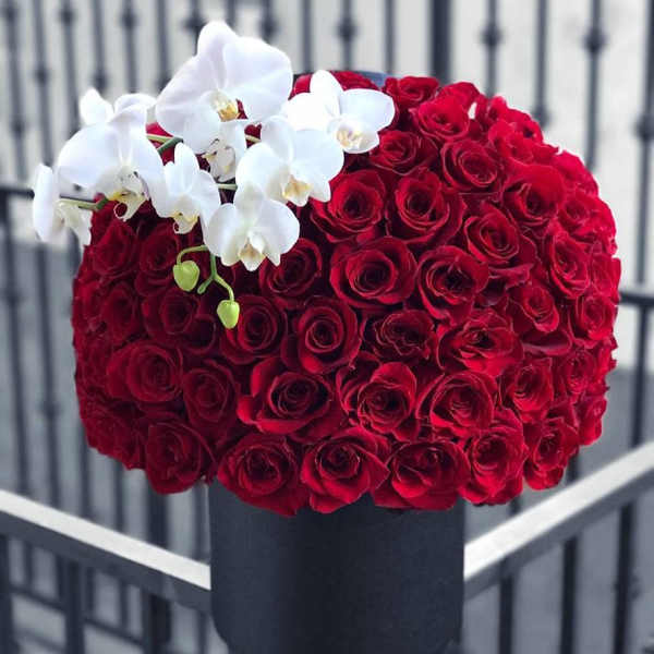 Red rose arrangement with white orchids in a black box