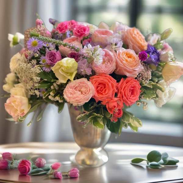 Mixed pastel bouquet in a silver vase