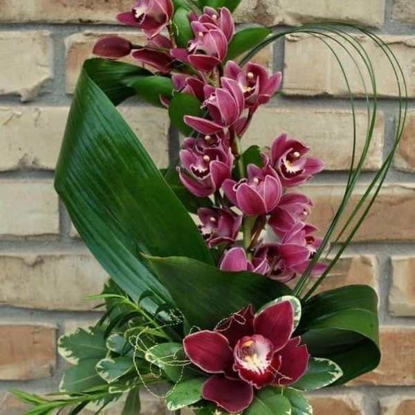 Purple orchids arranged in a tall glass vase with broad green leaves
