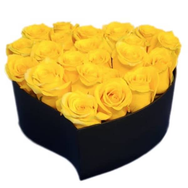 Yellow roses arranged in a black heart-shaped box