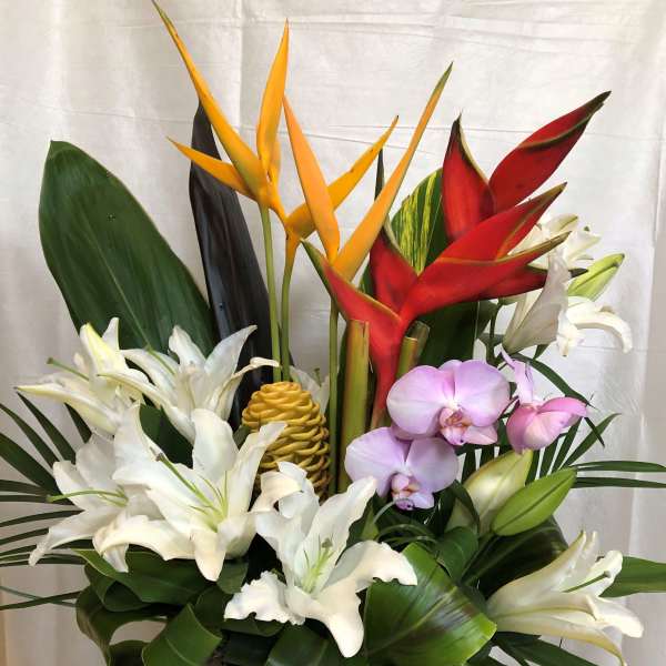 Tropical floral arrangement with white lilies, orchids, and red and yellow heliconia in a black vase