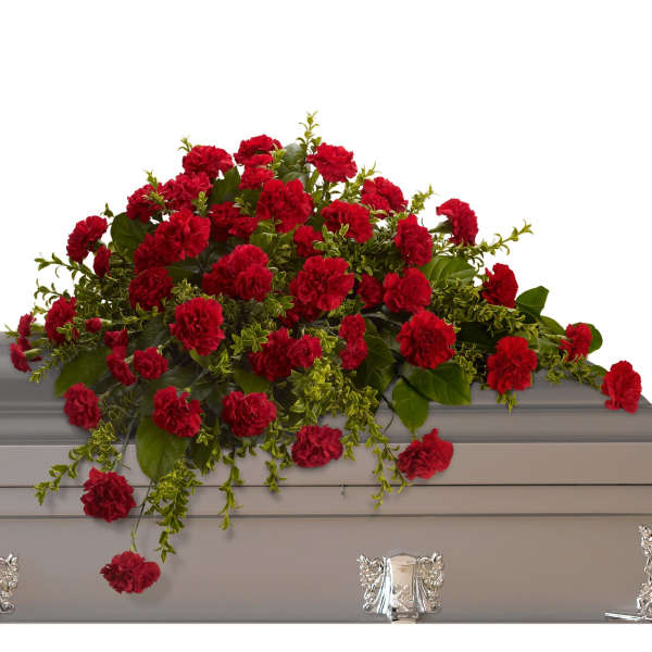 Red carnation casket spray with trailing greenery