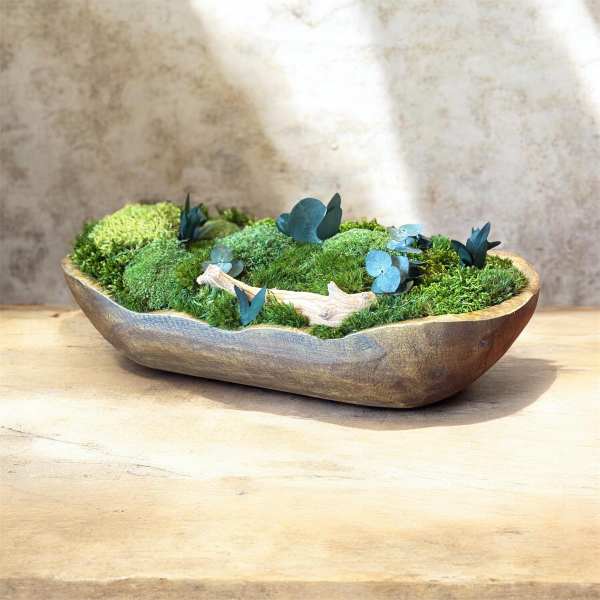 Low moss arrangement in a shallow wooden bowl with small blue accents