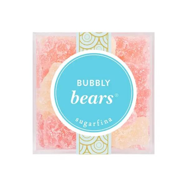 Box of pink and peach gummy bears with a blue label