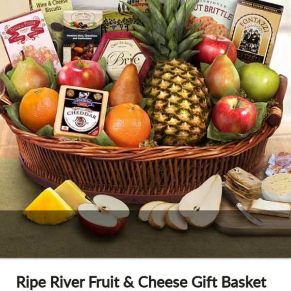 Fruit and cheese gift basket with crackers and packaged snacks
