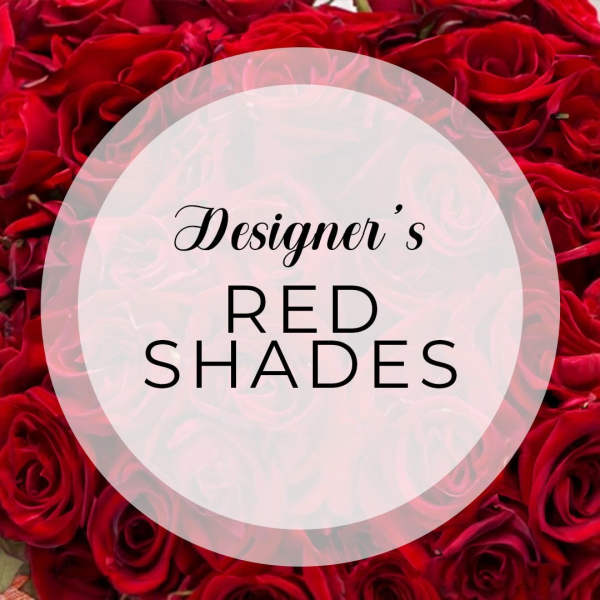 Red rose background with a circular label reading Designer's Red Shades