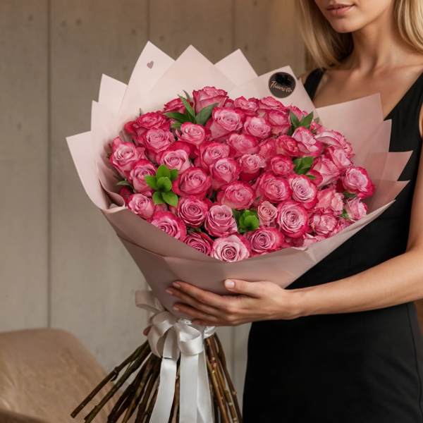 Large bouquet of pink roses wrapped in pale paper with a white ribbon