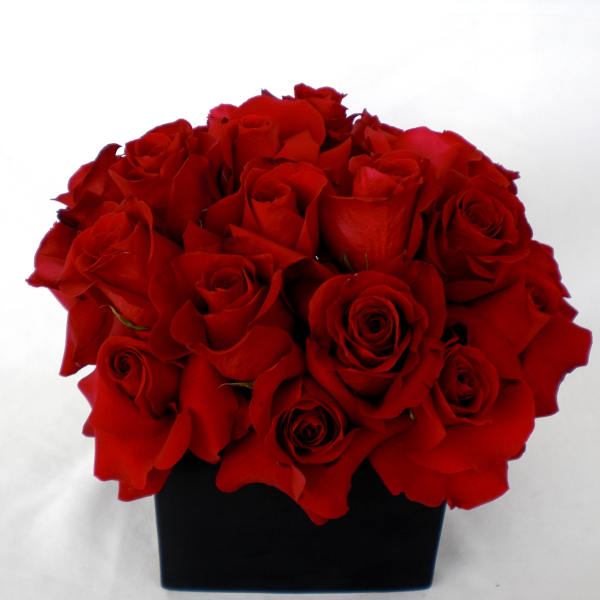 Red roses arranged in a black vase