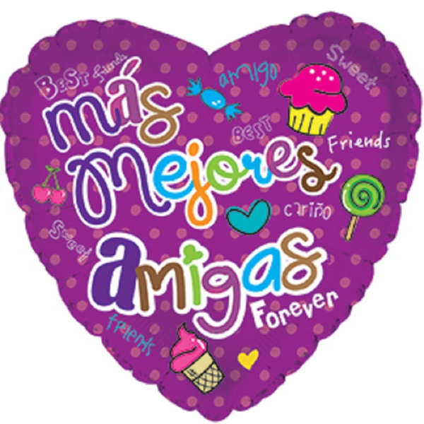 Purple heart-shaped friendship balloon with colorful text and candy graphics