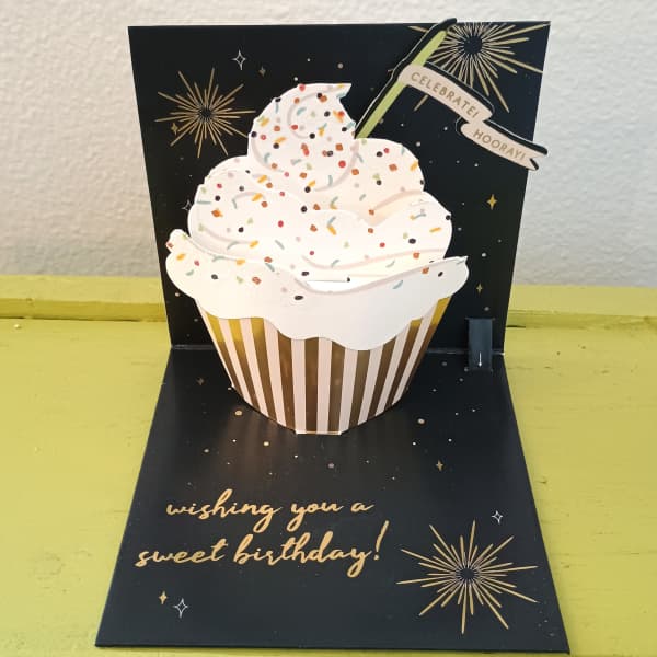 Pop-up birthday card with a cupcake and gold fireworks accents