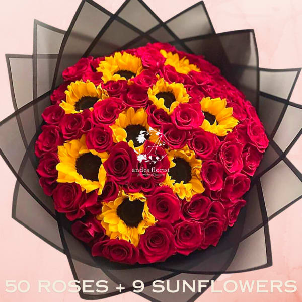Round bouquet of red roses and yellow sunflowers wrapped in black paper