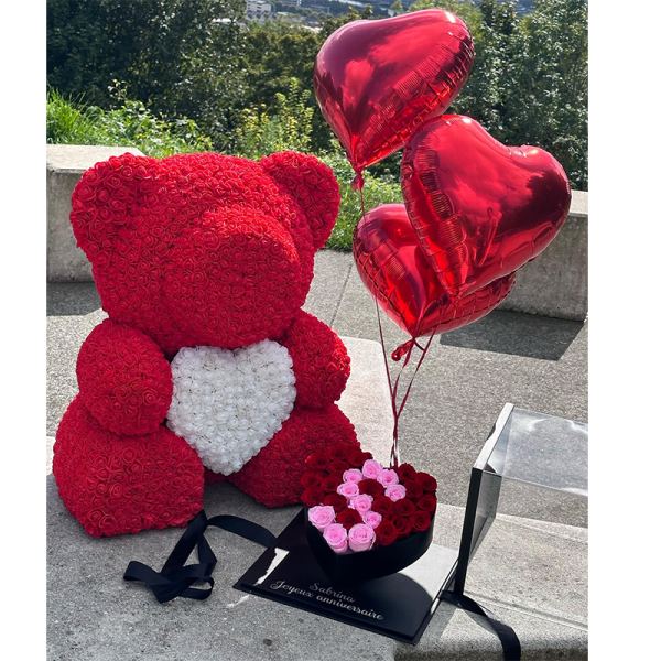 Red rose teddy bear with heart balloons and a small heart-shaped rose box