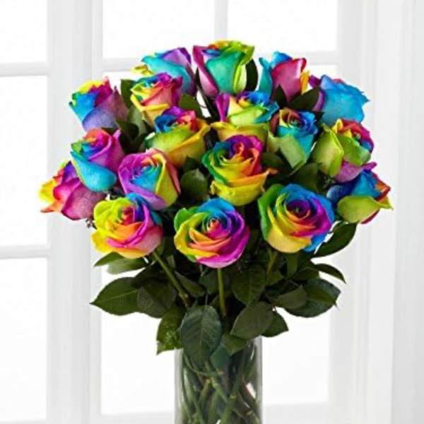 Rainbow-colored roses in a clear glass vase