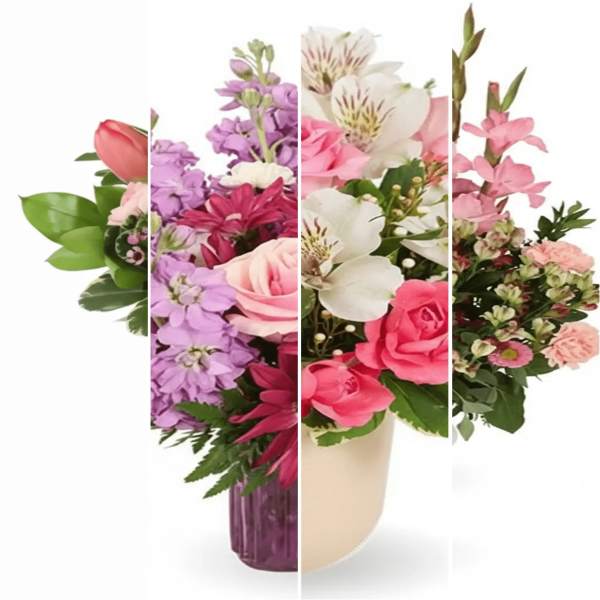 Mixed bouquet of pink, purple, and white flowers in a vase