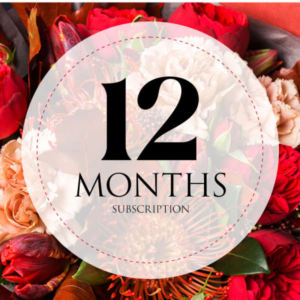 Red and peach floral arrangement with a "12 months subscription" overlay