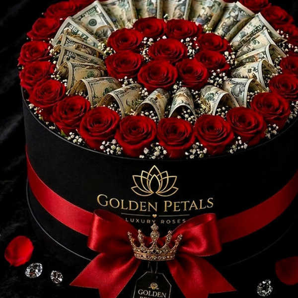 Round box of red roses with folded dollar bills and a red ribbon bow