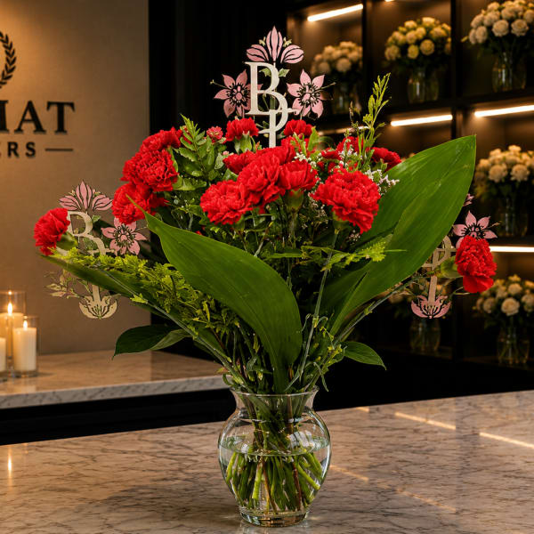Red carnations in a clear glass vase with broad green leaves