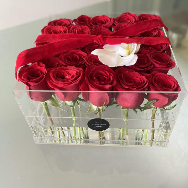Red roses arranged in a clear acrylic box with a ribbon and white orchid accent