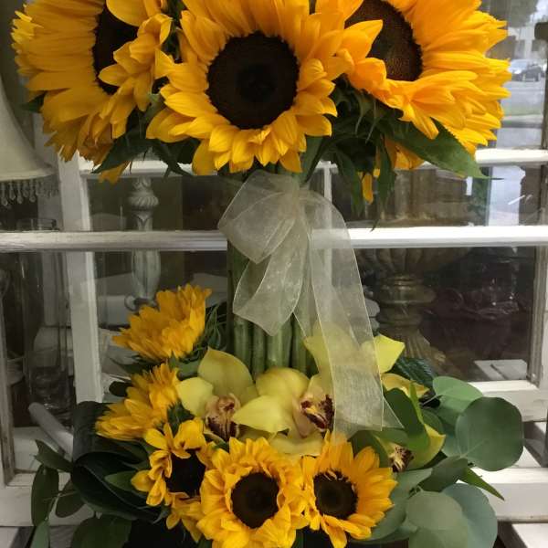 Sunflower arrangement with yellow orchids in a black box