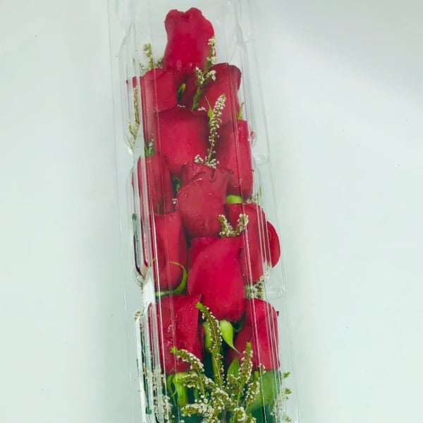 Tall box of red roses with a red ribbon bow