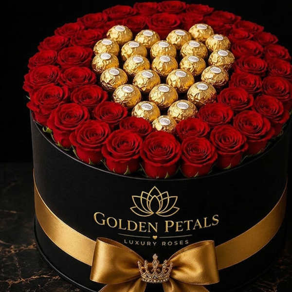 Red roses arranged around gold-wrapped chocolates in a black round box