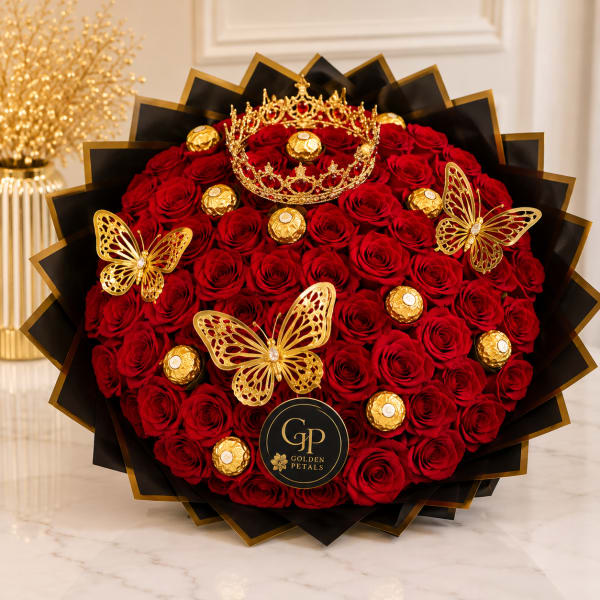 Round bouquet of red roses with gold butterfly accents and chocolates