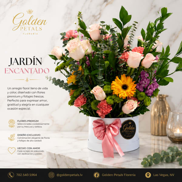 Mixed bouquet of roses, gerbera daisies, and carnations in a white hat box with pink ribbon