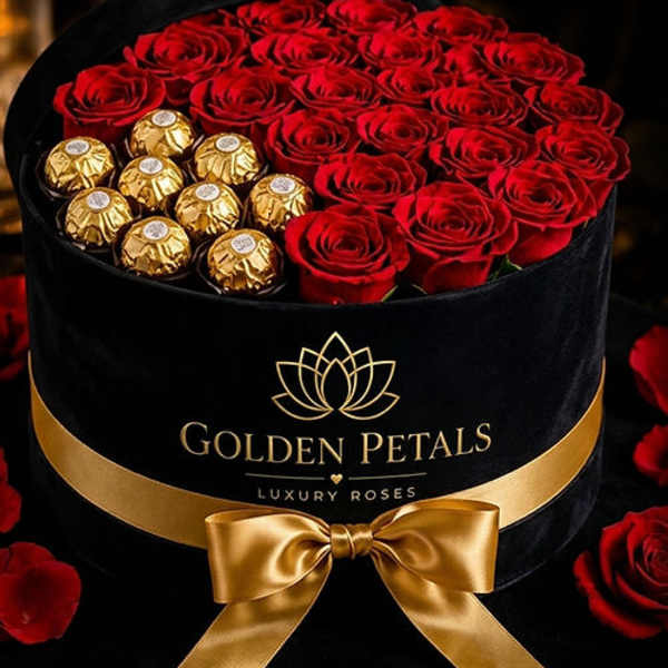Red roses and gold-wrapped chocolates in a black round box with a gold bow