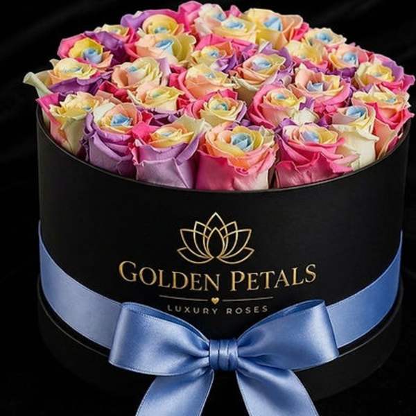 Round box of multicolored roses with a blue ribbon bow