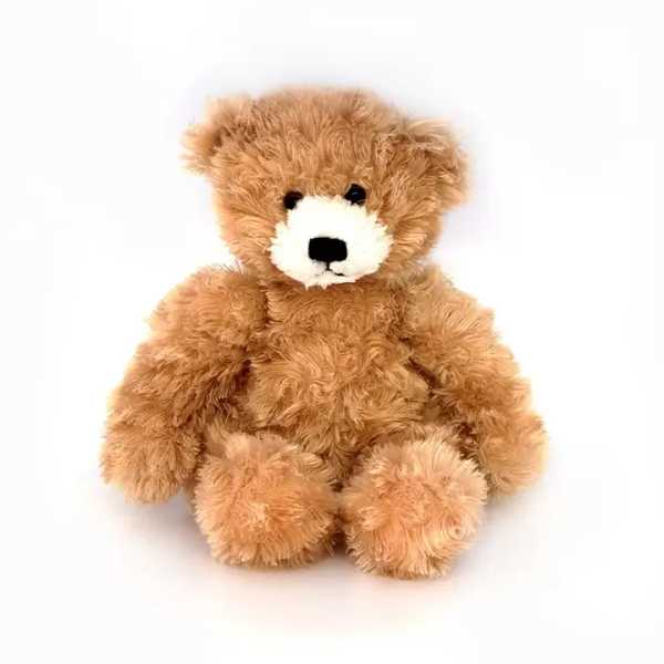 Brown teddy bear with a white muzzle sitting on a white background