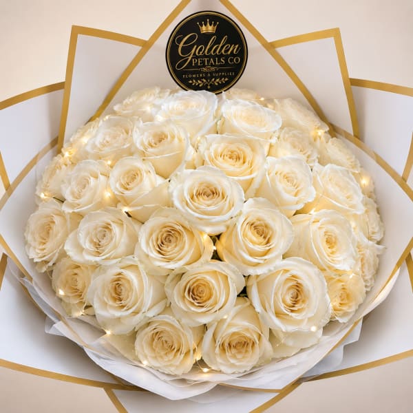 Bouquet of cream roses wrapped in white paper with gold trim