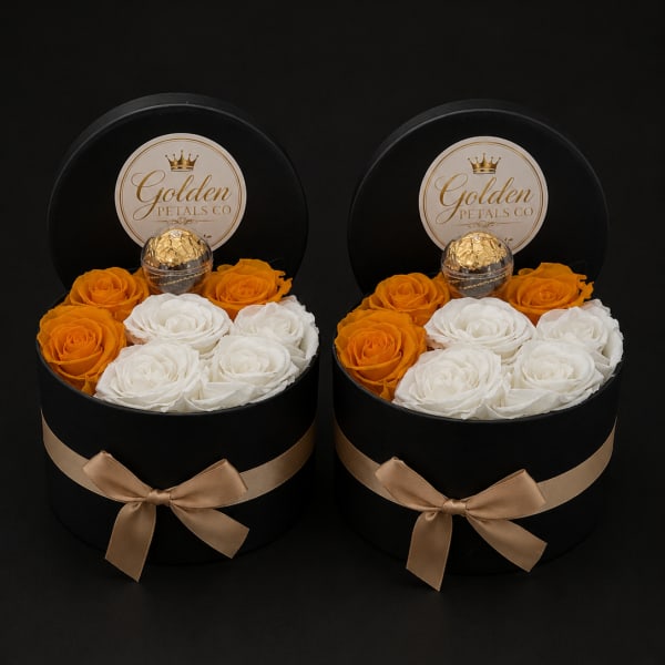 Two black round gift boxes with white and orange roses and gold chocolates