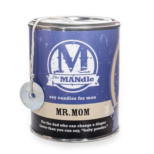 Blue soy candle in a metal tin with a hanging tag