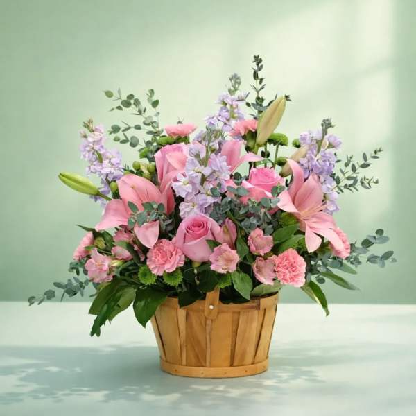 Pink lilies, roses, and carnations in a wooden basket