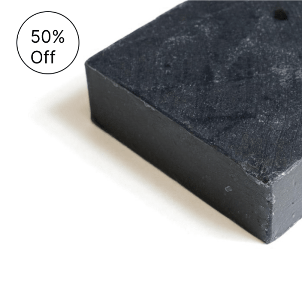 Black rectangular box with a 50% off badge
