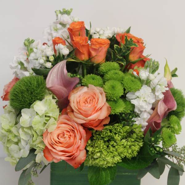 Compact arrangement of peach roses, green mums, and white blooms in a green striped cube vase