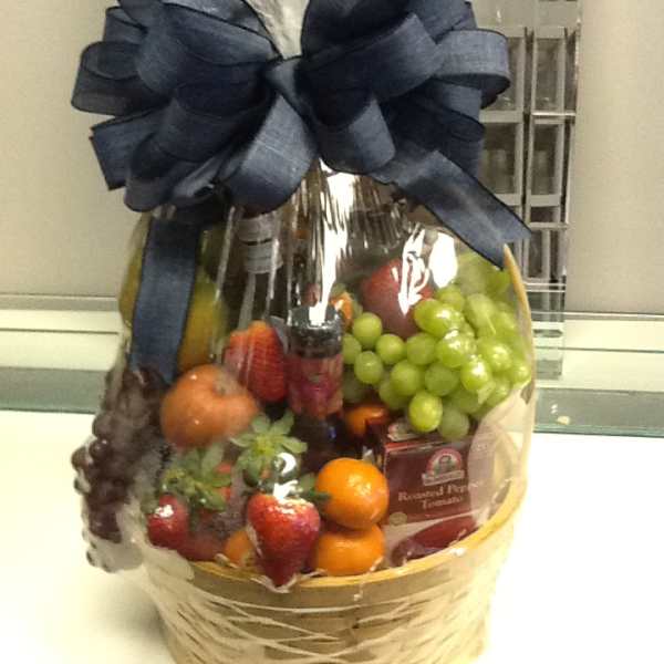 Fruit basket with a large blue bow