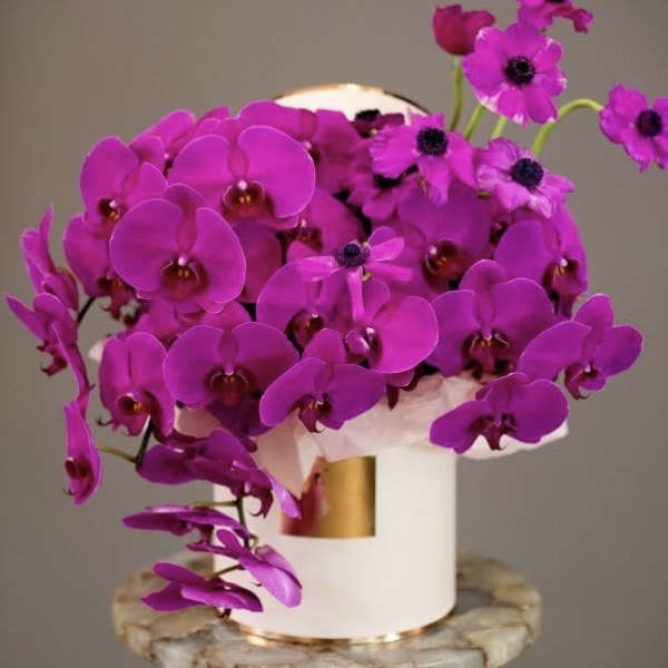 Bright magenta orchids arranged in a white hatbox vase
