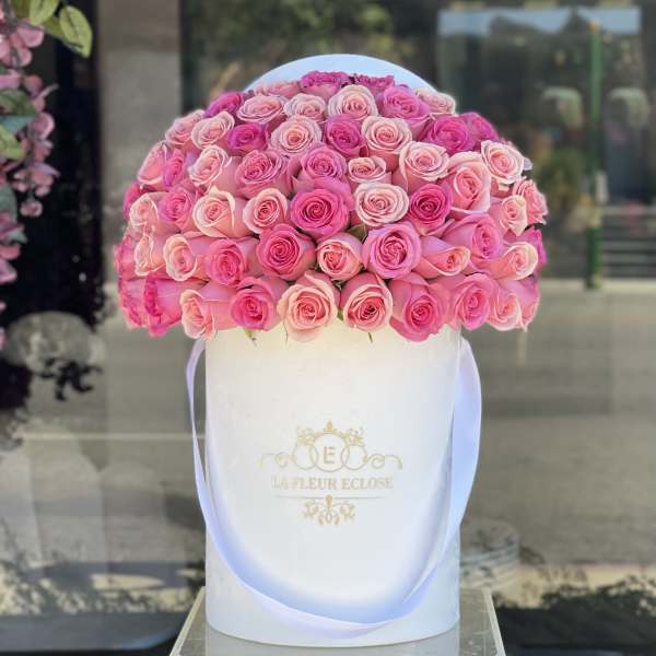 Large dome of pink roses in a white hatbox with ribbon