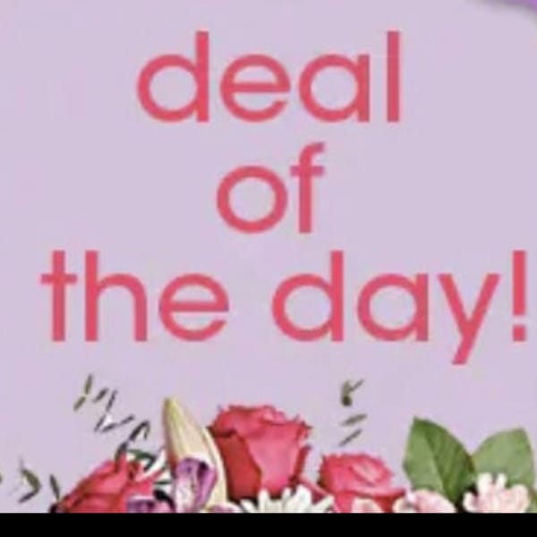 Pink text above a bouquet of roses and lilies