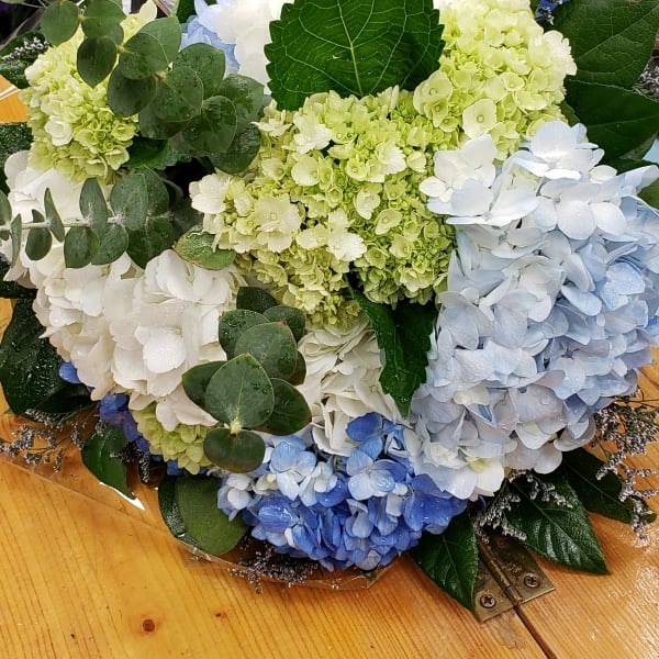 Bouquet of blue, white, and green hydrangeas with eucalyptus