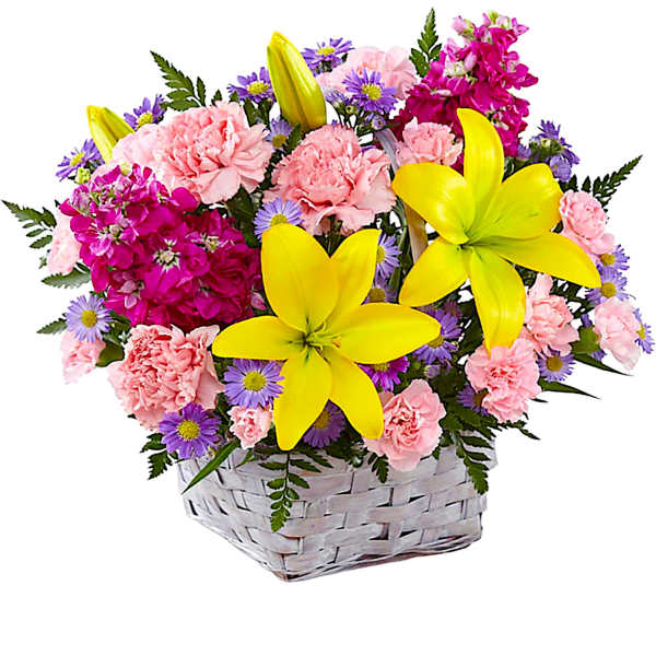 Basket arrangement of pink carnations, purple daisies, and yellow lilies