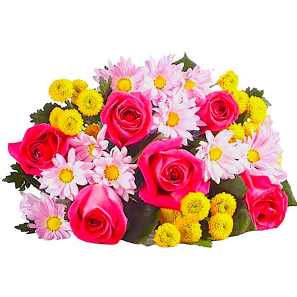 Bouquet of hot pink roses with pink and yellow daisies