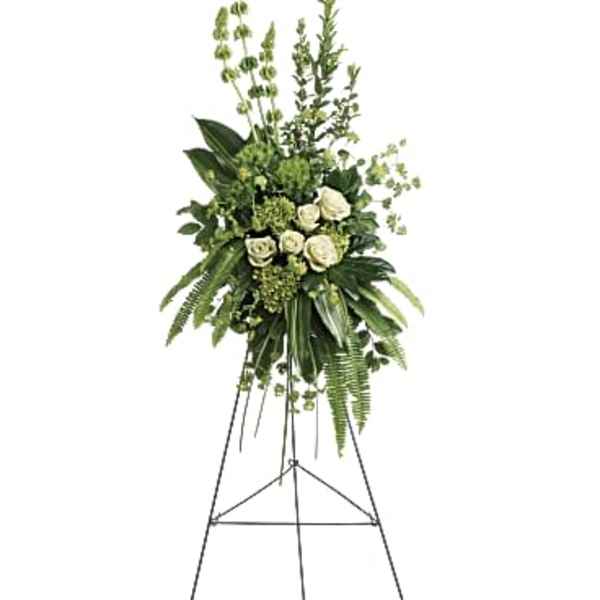 Tall white rose standing spray on an easel