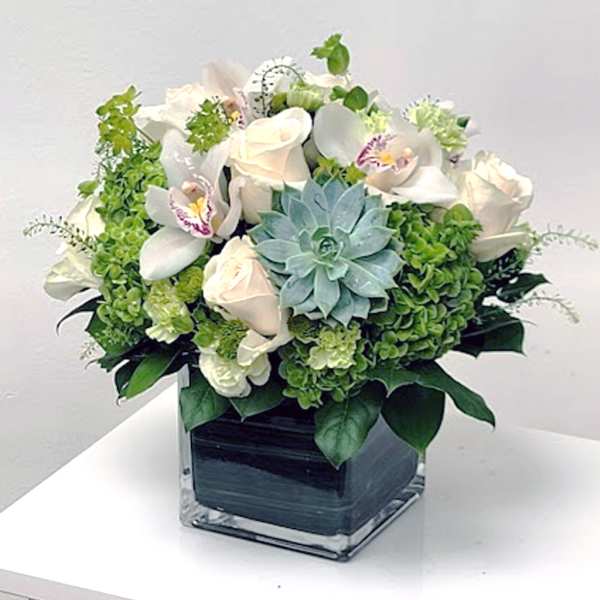White roses and orchids arranged with a blue-green succulent in a square glass vase.