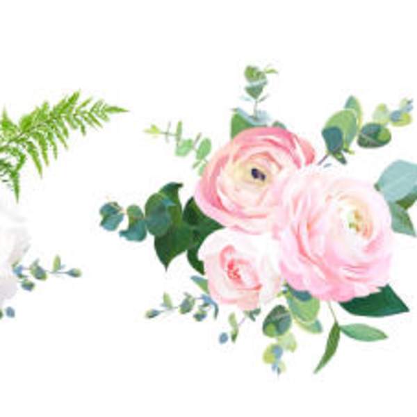 Three small floral bouquets with pink and white blooms on a white background